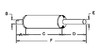 photo of Round body 5-1\2 inch shell diameter, A= 2-1\2 inch inlet length, B= 2-3\8 inch inlet inside diameter, C= 14-1\2 inch shell length, D= 11-3\4 inch outlet length, E= 2-1\2 inch outlet outside diameter, F= 29 inches overall length. For model 544 Farmall with C200 gas or D239 diesel engine.
