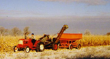 corn being harvested by tractor, corn picker and trailer