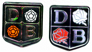 2 badges side by side, first rose is straight on, second rose is seen from side