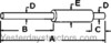 photo of A= 6-1\2 inch inlet length, B= 2-1\4 inch inlet inside diameter, C= 4-3\5 inch shell outside diameter, D= 27-1\2 inch outlet length, E= 2-1\4 inch outlet outside diameter, F= 52-1\2 inches overall length. For tractor models 675, 690.