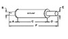 photo of Round body 4-1\4  shell diameter, A= 2  inlet length, B= 2-3\8  inlet I.D., C= 14  shell length, D= 5  outlet length, E= 2-1\2  outlet O.D., F= 21  overall length. For tractor models (101 Jr, 101 Sr, 102 Sr, 20, 20K, 22, 30, 30K, 33, 333, 44, 44 Special, 44D, 44K, 444, 81, 82 all with gas or diesel engine from 1942 to 1957), (22K with gas or diesel engine from 1942 to 1957 except 1948).