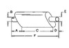 photo of A= 3-7\8  inlet length, B= 2-7\8  inlet I.D., C= 24-1\8  shell length, D= 8-1\8  outlet length, E= 2-9\16  outlet O.D., F= 36-3\4  overall length. For tractor models 3030, 3120, 3130.