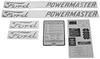 photo of Complete Mylar decal set for models 801, 841, 851, 861. Set contains decals for: fuel cap warning, dual valve, battery, air cleaner, draft control, upper link, PTO warning, fender script (2), hood side (2 red powermaster), numbers inserts 801, 841, 851, 861, (2 each black), service decal for under fuel door, instructions.