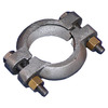 photo of Flanged clamp. For tractor models TO20, TO30, TE20. Note that there is a large bevel and a small bevel on the inside edge of this clamp. The large side goes toward the manifold. If you install the clamp and the pipe is loose, you have it backwards. If you over-tighten, it will break. Replaces 181461M91.