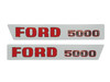 photo of Hood only Decal Set for Ford Model 5000, up to 1968, 2 pieces, bot sides. Gray background with Ford in red and 5000 in chrome.