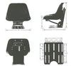 photo of Black leatherette upholstery. Narrow seat for compact tractors. Internal suspension, weight adjustable. 5 position adjustable base. Special slotted base for mounting. Seat is 15 inches wide, 17 inches long, 19 inches high to the back of the seat.